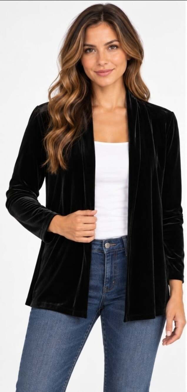 CHICO'S Black Soft Stretchy Velour Open Front Jacket Cardigan Women’s Large T100